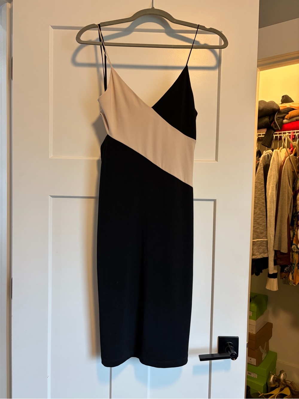 Alice + Olivia Black and Cream Diagonal Slip Midi Dress